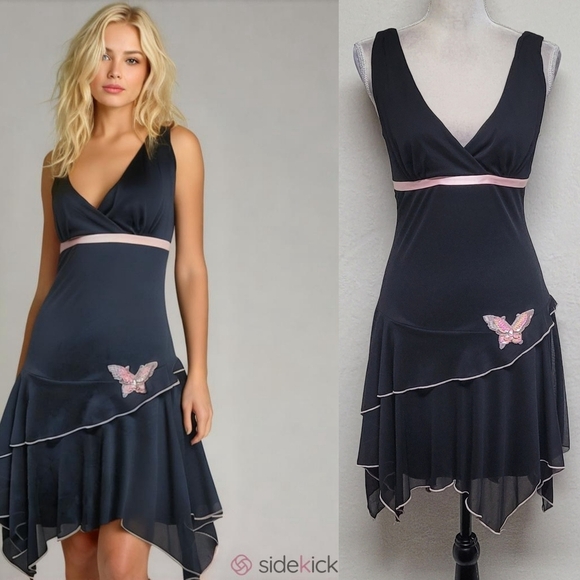 Vintage Dresses & Skirts - Whimsigoth Vintage 90s Ruby Rox Black Sequin Butterfly Asymmetric Mini Dress L